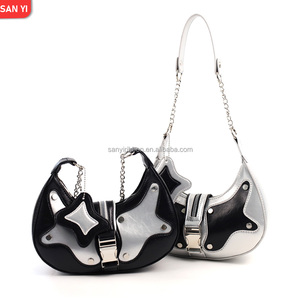 Stylish Punk Patchwork PU Leather Handbag Rivets Chains New Vintage Fashionable Underarm Shoulder <strong>Bag</strong> for Ladies Summer Winter - Product Image 1