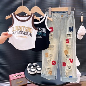 Set Casual primavera estate di <span class=keywords><strong>moda</strong></span> per <span class=keywords><strong>ragazze</strong></span> gilet con lettere ricamate Jeans strappati Set di abbigliamento per bambini - Product Image 1