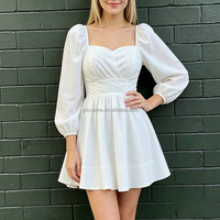 Robe Courte Blanche Corsetée à Manches Longues pour Femme, Col Carré Froncé, Volants et Manches Bouffantes, Style Cottagecore d'Été, Vente en Gros Personnalisée