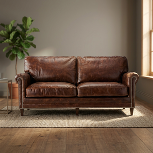 Vintage & Industrial Traditional Solid <b>Wood</b> & Genuine Leather Apartment Living Room Two Seater <b>Sofa</b> - Product Image 2