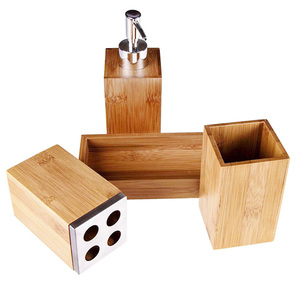 Conjunto de acessórios para banheiro, conjunto de 4 peças organizador com bandeja porta escova de dentes caixa de armazenamento garrafa de loção de bambu - Product Image 5