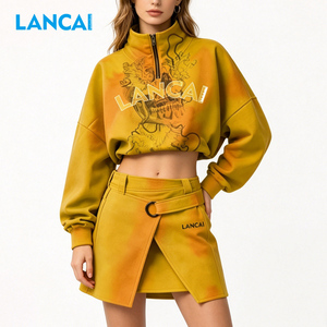 LANCAI Women Streetwear <b>Set</b> Yellow <b>Tie</b> Dye Print Zipper Top With Above Knee Skirt Loose Fit Spring Summer Casual Outfit - Product Image 2