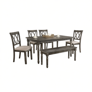 Ensemble de salle à manger Claudia II gris patiné 7 pièces, chaises rustiques en bois à dossier croisé, banc, meubles de maison durables de style antique - Product Image 1