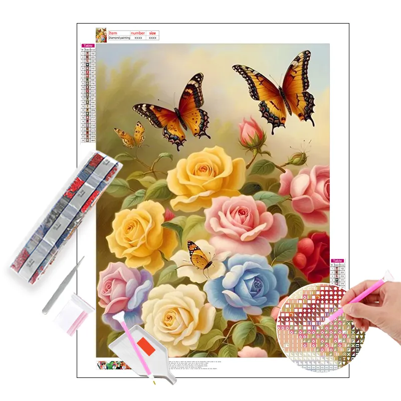 Lukisan berlian grosir kupu-kupu dan bunga HD cetak kanvas seni dinding berlian lukisan