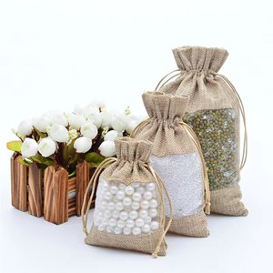 Sac de rangement pour bonbons en toile de jute avec cordon de serrage et fenêtre transparente, sacs cadeaux à cordon en toile de jute, sacs pochettes en <span class=keywords><strong>organza</strong></span> avec fenêtre - Product Image 2