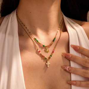 Nouveautés NIMAI : Collier manuel en perles <span class=keywords><strong>de</strong></span> pierre naturelle avec pendentif croix solaire pour femme, collier statement, lot <span class=keywords><strong>de</strong></span> 2 pièces - Product Image 1
