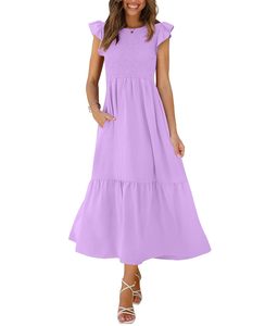 Robe midi plissée violette à volants, manches flottantes, col rond, coupe ample, décontractée, pour l'été et la plage - Product Image 1
