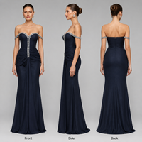 Robe de soirée sirène noire pour femme, épaules dénudées, col cœur orné de strass, taille drapée, robe de cérémonie pour bal de promo, galas et boutiques