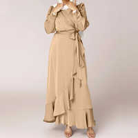 Vente en gros de robes élégantes pour femmes musulmanes africaines, islamiques, de Dubaï, de Turquie, en satin, hijab, abaya, manches longues, volants, soie, modestes