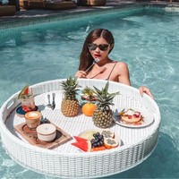 Plateau flottant rond en rotin blanc tressé pour piscine, spa, hôtel, complexe hôtelier et usage domestique