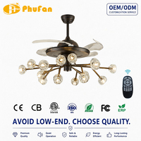 Ventilateur de plafond chandelier LED DC moderne nordique à 4 pales, 6 vitesses, télécommande, intensité variable, ultra-silencieux 30-34 dB, CRI 95 élevé, Firefly