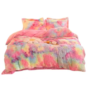 Warm Rainbow Color Faux Fur Velvet Fluffy Plush Soft Bedding set Bed sheet For Girl Sheet Set Four-piece set