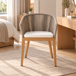 Chaise de jardin contemporaine en rotin avec structure en teck et pieds effilés, mobilier d'extérieur pour patio ou terrasse - Product Image 4