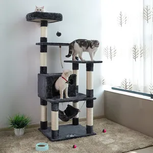 Rascador para gatos de fábrica, árbol para gatos de varios niveles de 143 cm de alto con <span class=keywords><strong>4</strong></span> postes para rascar, 2 plataformas, hamaca, cueva - Product Image 3