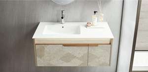 Petit meuble-lavabo flottant en mélamine, finition moderne, <span class=keywords><strong>avec</strong></span> comptoir en marbre, vasque et armoire de rangement pour salle de bain - Product Image 3