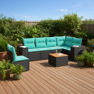 Set di divani da giardino in polyrattan nero da 7 pezzi con cuscini, mobili da esterno in stile contemporaneo, posti a sedere per 7 persone - Product Image 2