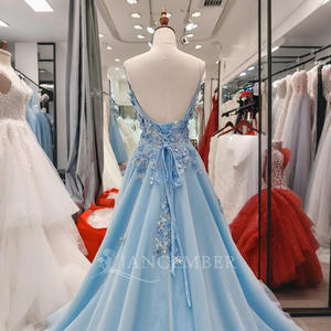 Robe de soirée de bal A-line pour ANY53, bleu ciel, dos nu, avec appliques florales 3D perlées et cristaux, traîne chapelle naturelle - Product Image 6