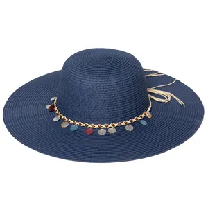 JAKIJAYI wholesale fashion summer sun protection Sun hat women wide brim floppy straw hat with shells decoration