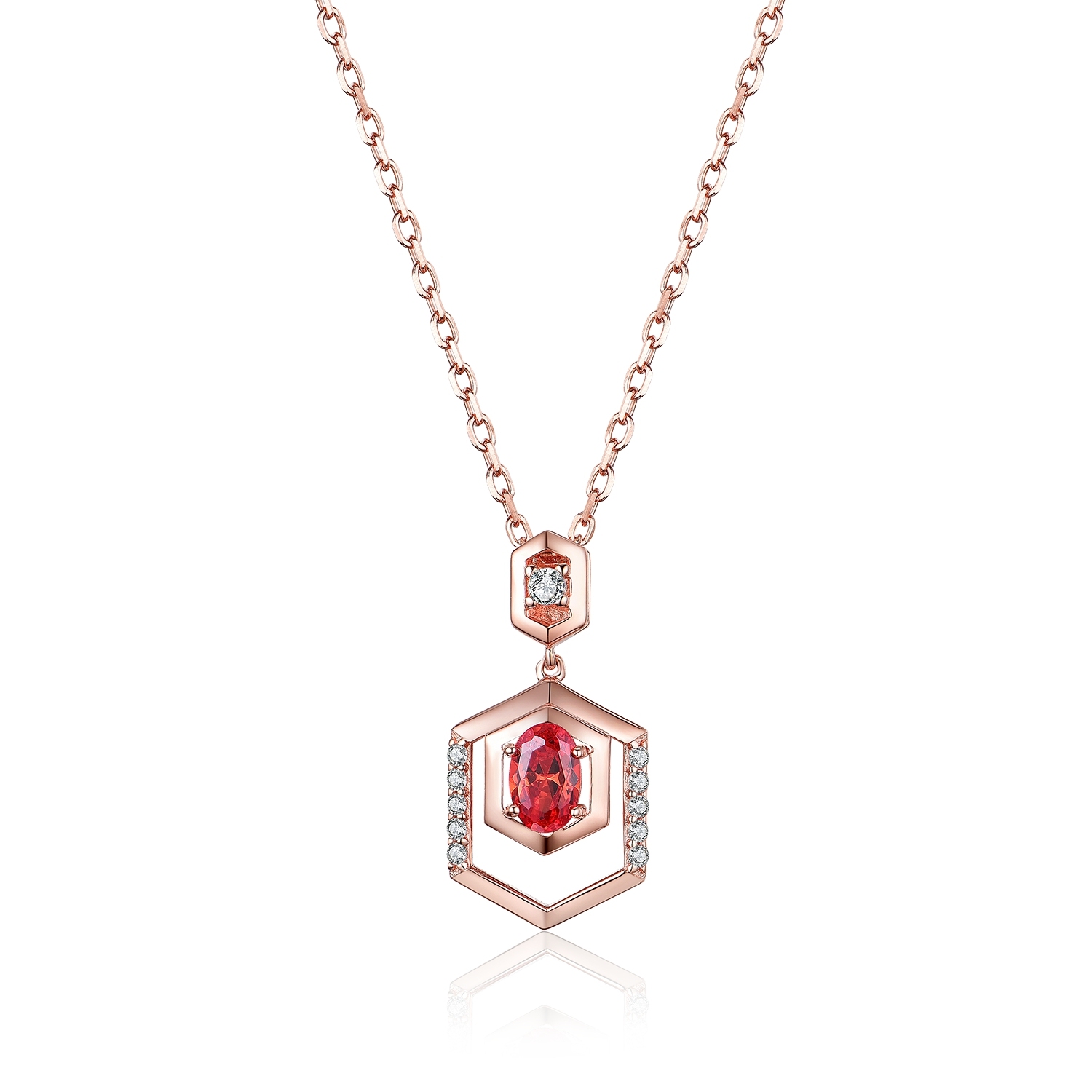 925 En Argent Sterling Or Rouge Grande Pierre Géométrique Losange Hexagonal En Nid D'abeille En Forme De Collier Avec Joalheria