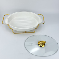 Marmite à soupe ovale en céramique marbrée avec couvercle en verre, design européen, double anse, finition mate, compatible lave-vaisselle et induction, personnalisable avec logo