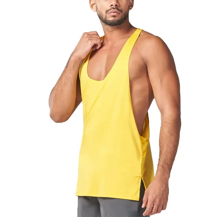 Tùy Chỉnh Hiệu Suất Độ Ẩm Wicking Thường Xuyên Phù Hợp Thấp Cổ Áo Ráp dây Tank Top Rắn Màu Sắc Chia Hem Cotton Spandex Tank Top Người Đàn Ông