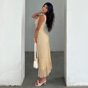 Vestido Largo de Verano Estilo Francés con Estampado de Puntos para Mujer, Cuello en V, Sin Mangas, con Volantes en el Bajo, Corte Ajustado, Maxi Vestido - Product Image 5