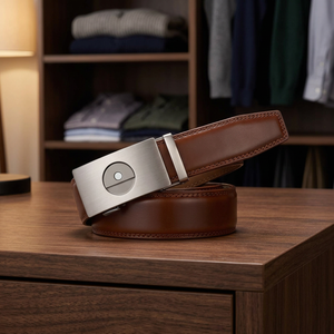 Ceinture en cuir automatique marron uni en cuir de vachette avec boucle rectangulaire argentée, style formel, durable, moulage monobloc - Product Image 2