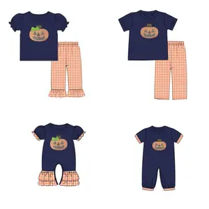 2023 Wholesale Knit Cotton Halloween Pumpkin Face Girls Clothing Set