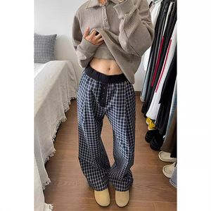 Vintage rétro bleu <span class=keywords><strong>treillis</strong></span> <span class=keywords><strong>pantalon</strong></span> ample hommes lâche et paresseux Style <span class=keywords><strong>pantalon</strong></span> tombant droit pantalons décontractés - Product Image 1