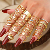 Ensemble de 30 bagues tendance en or avec cœur, feuille et perle pour femme, bijoux punk, diamants, cristaux, strass, bagues empilables