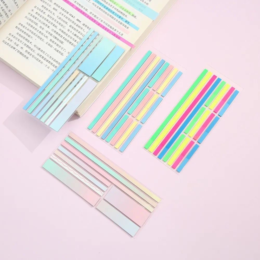 Pestañas de libros transparentes de PET de colores, cinta resaltadora extraíble, tiras largas, marcadores de página, índice de notas adhesivas para anotar libros