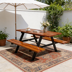 Ensemble table et bancs <span class=keywords><strong>de</strong></span> pique-nique commerciaux d'extérieur, mobilier <span class=keywords><strong>de</strong></span> jardin moderne en bois, table à manger <span class=keywords><strong>de</strong></span> patio avec structure métallique pour parc et café - Product Image 1