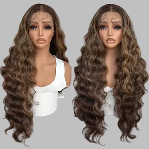 Perruques synthétiques ondulées ombrées avec raie au milieu, perruques en dentelle à l'aspect naturel, perruques en fibre pour femmes, idéales pour les fêtes - Product Image 1