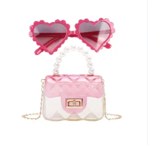 एसवाई पीवीसी पारदर्शी बच्चे जेली बैग दिल जैसा मामला चश्मा सेट बच्चों मिनी पर्स और हैंडबैग के लिए लड़की स्पष्ट पर्स उपहार सेट