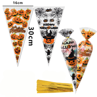 Cône d'emballage transparent personnalisé en forme de triangle pour Halloween, réutilisable, avec soufflet latéral, en plastique OPP, compatible micro-ondes, pour mini-popcorn