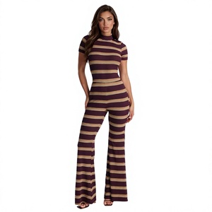 Womens Striped High Waist Knitted <b>Jumpsuit</b> <b>Short</b> Sleeve Turtleneck Casual Full Length Spring Summer Breathable Spandex Polyester - Product Image 1