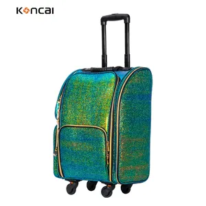 FAMA factory Custom Shining Green PU Leather Makeup Trolley Rolling Case Cosmetic Beauty Bag KC-P42L