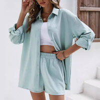 D & M Usine En Gros Femmes Solide Genou À Manches Courtes Chemise Taille Haute Cordon Shorts Lâche Respirant À La Mode Décontracté