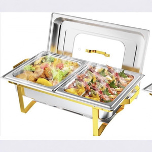 Stainless Steel Buffet Chafing Dish Double Grid <b>Gold</b> <b>Frame</b> Rectangular Warming Tray For Self-Service Catering - Product Image 1