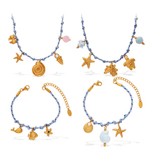 Ocean Theme Pendant Necklace And <b>Bracelet</b> <b>Set</b> Blue Rope Braided Starfish Dolphin Turtle Zinc Alloy Women's Jewelry Gift - Product Image 5