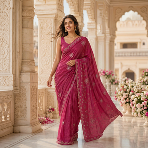Sari indien en georgette pour mariée, broderie florale, tenue de mariage, sari traditionnel pour fête, couleur magenta, pour femmes - Product Image 1