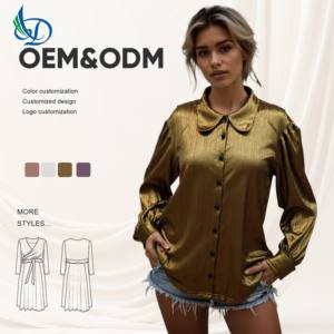 Blusa de satén glamurosa, cuello <span class=keywords><strong>Peter</strong></span> <span class=keywords><strong>Pan</strong></span> metálico dorado, decoración de encaje bordado, informal para noches de fiesta de verano XS XL disponible - Product Image 1