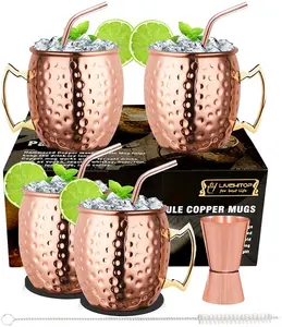 Tazas de vino de cobre puro martillado, Juego de 4 tazas de cerveza, Vodka, Moscow Mule, 100%