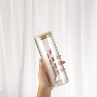 Boule à neige 12oz 16oz 20oz pré-percée à double paroi transparente peut bocal en verre gobelet à sublimation avec couvercle en bambou Vente en gros