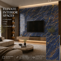 Panneau mural UV MORLENX bleu profond à veines dorées, feuille de marbre PVC haute brillance pour projets d'aménagement hôtelier