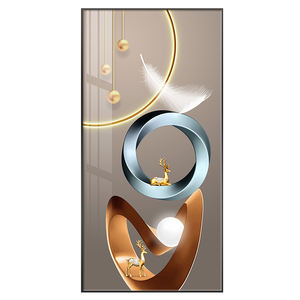 Dipinto su Tela con Geometria Astratta e Foglie, Arte Decorativa di Lusso con <span class=keywords><strong>Cervo</strong></span> Dorato per Soggiorno e Camera da Letto - Product Image 1