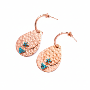 Boucles d'oreilles mignonnes en pierre Turquoise plaquée or Rose, Design moderne martelée, en argent Sterling 925, pour femmes - Product Image 2