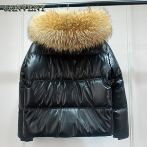 Jaket Kulit Imitasi Berkerudung Bulu Rakun Asli JANVENY Musim Dingin Wanita, Parka Tebal Tahan Air Berlapis Kapas Mengkilap, Mantel Kulit Imitasi - Product Image 3