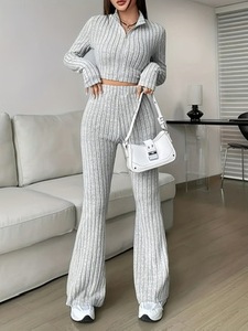 Ensemble décontracté pour femme Maxfree Fashion, couleur unie, côtelé, deux pièces, fermeture éclair, haut à manches longues, pantalon évasé taille haute - Product Image 5