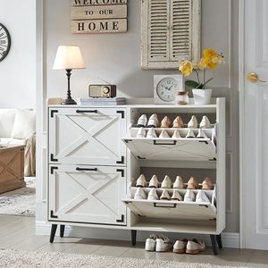 Meuble à chaussures moderne de luxe en bois blanc, fin et élégant, avec 4 tiroirs basculants et porte coulissante - Product Image 1